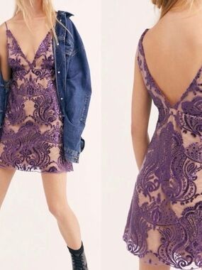 Free People Purple Lace V-Neck Mini Dress
